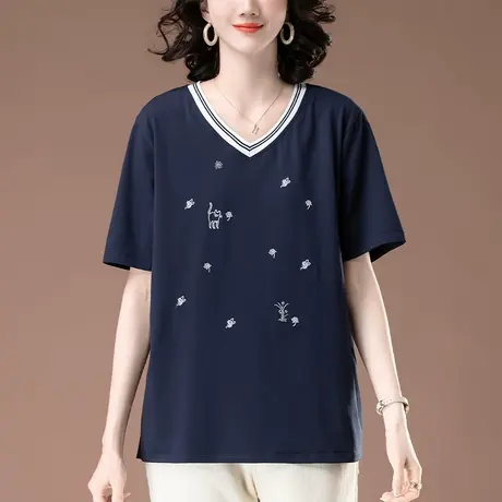 短袖t恤女夏季新款加肥加大码女装宽松中老年妈妈纯棉刺绣V领体恤图片