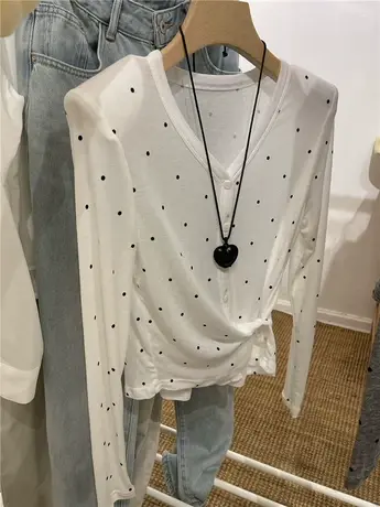 纯欲辣妹！小波点防晒衫面膜开衫侧扣V领垫肩外穿长袖t恤女上衣夏商品大图