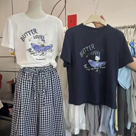 韩国东大门25夏季新款减龄字母卡通kitty猫印花圆领百搭短袖T恤女商品大图
