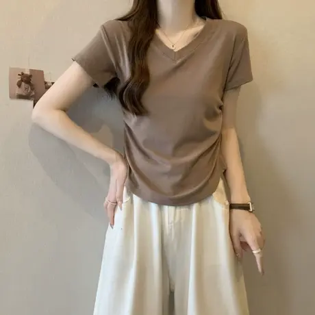 V领褶皱收腰下摆短袖T恤女夏装2025新款洋气减龄修身短款上衣体恤图片