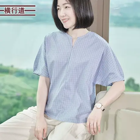 V领通勤蓝色条纹韩版衬衫宽松大码女装衬衣夏装2025新款短袖上衣商品大图