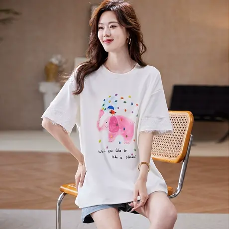 宝诗黎【新品价168元】圆领蕾丝拼接印花T恤CA2048商品大图