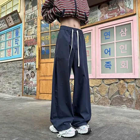 港风大码纯色美式收褶弯刀休闲裤男vintage春季新款高街直筒长裤商品大图