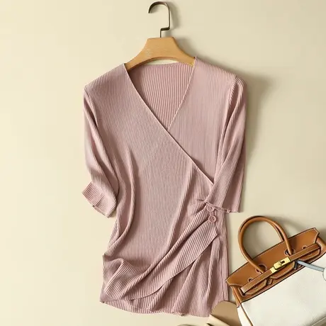 交叉V领套头针织中袖T恤女春装新款2022修身百搭薄款打底衫上衣潮图片