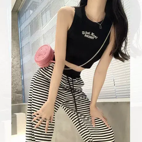 复古字母刺绣吊带背心女外穿夏季螺纹修身显瘦甜辣妹短款露脐上衣商品大图