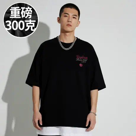 【100%纯棉】300斤大码男装美式潮牌胖子加肥加大五分半袖短袖T恤图片