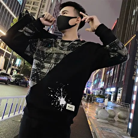 个性拼接加绒卫衣男秋冬季ins潮牌印花高级感加厚上衣打底衫T恤商品大图