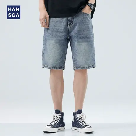 hansca复古水洗牛仔短裤男夏季薄款潮牌休闲美式宽松直筒五分裤子商品大图