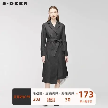 sdeer圣迪奥女装平驳领双排扣撞色条纹网纱拼接收腰风衣S19381826🔎商品大图