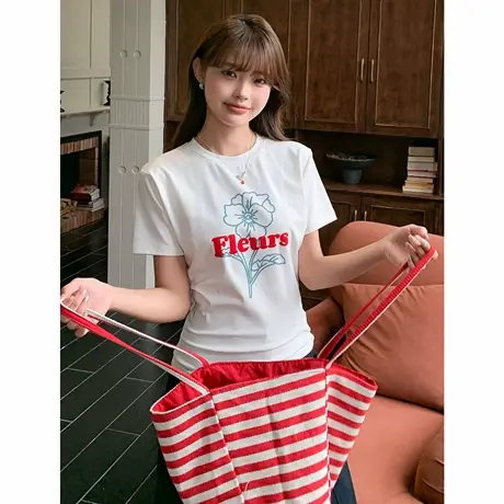 尔给T恤夏季设计感小众新款印花简约圆领正肩短袖上衣商品大图