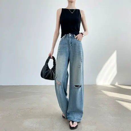 美式大破洞牛仔裤女夏季薄款高腰宽松直筒垂感乞丐阔腿拖地长裤子商品大图