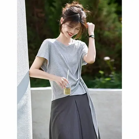 时尚短袖T恤2025年夏季新款女纯色简约优雅休闲温柔百搭显瘦上衣商品大图