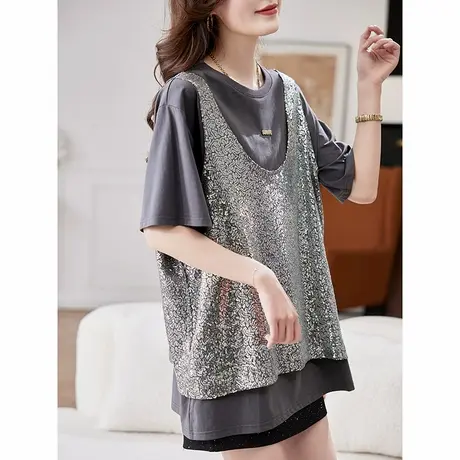 宝诗黎假两件亮片拼接短袖T恤2025夏季洋气设计感宽松休闲上衣女商品大图