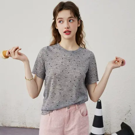 a02波点简约设计薄款舒适圆领女式T恤夏季休闲百搭短袖上衣图片