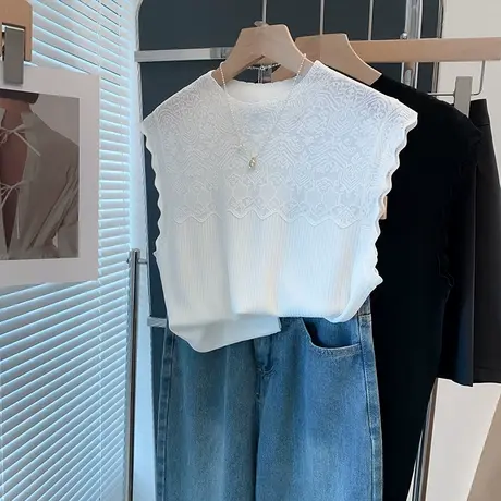 圆领冰丝针织衫女2025春夏新款套头外穿蕾丝上衣薄款无袖t恤衫潮商品大图