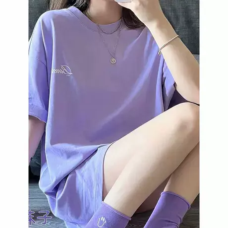 洋气减龄香芋紫短袖2025年夏季t恤女新款大版宽松下半身失踪半袖图片