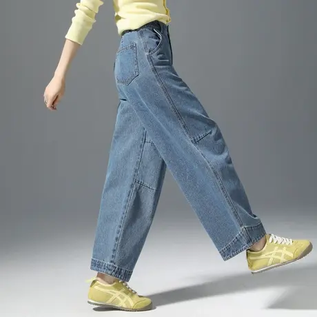 复古风蓝色高腰遮胯牛仔裤女2025春秋新款宽松显瘦香蕉直筒阔腿裤商品大图