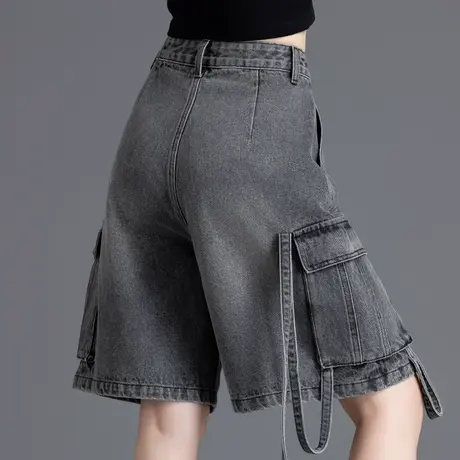 黑色工装牛仔短裤女夏薄款2025新款大口袋中裤a字阔腿五分裤中裤商品大图