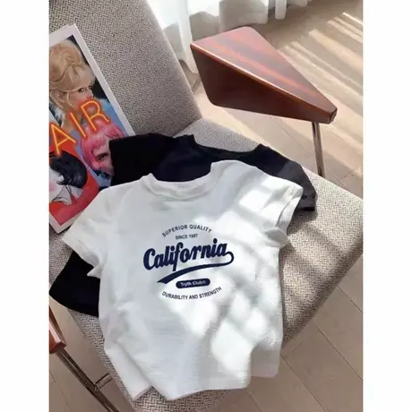 纯棉字母印花正肩短袖夏季美式复古ins宽松休闲显瘦白色t恤女上衣图片