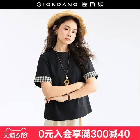 设计师款佐丹奴夏季新款拼接格纹袖口宽松圆领短袖T恤女18325608图片