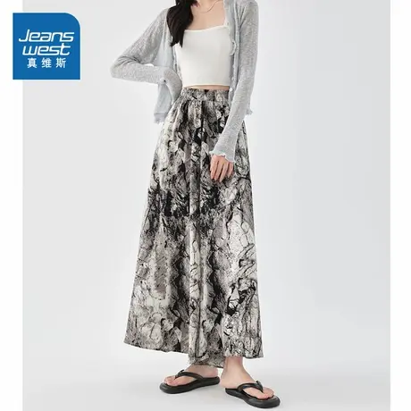 LE真维斯女款2025夏季新款宽松显瘦百搭阔腿水墨女装新中式裙裤商品大图