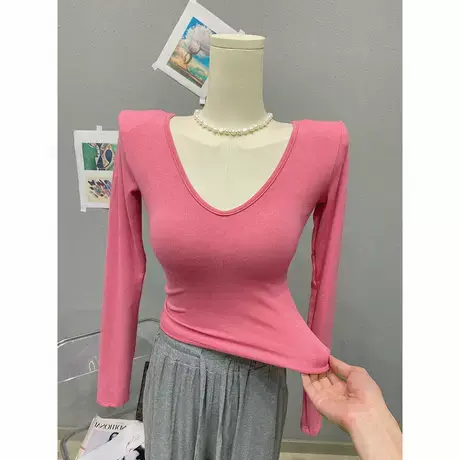 多色可选~秋冬内搭长袖打底衫女修身V领纯色百搭T恤垫肩显瘦上衣图片