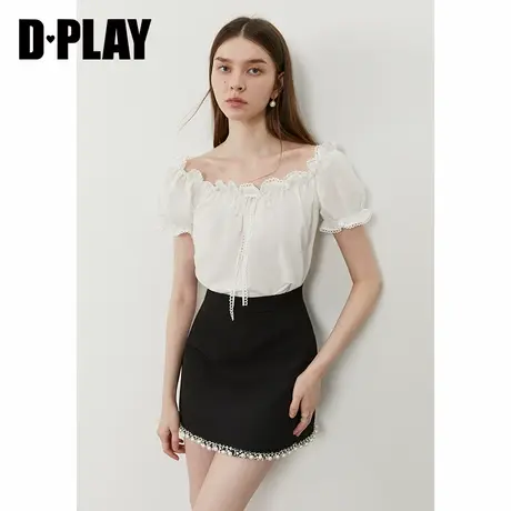 DPLAY2025年夏季新款白色法式一字领衬衫蝴蝶结系带短袖衬衣商品大图