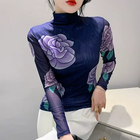 秋冬半高领打底衫女内搭长袖复古漂亮印花T恤修身显瘦网纱上衣潮商品大图