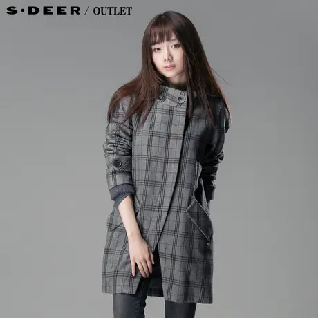 圣迪奥sdeer2013新款女冬装茧形格纹带帽羊毛毛呢大衣外套2481808图片