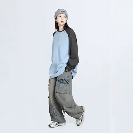 2025新款美式复古插肩袖圆领卫衣女春秋薄款拼接套头拼接T恤上衣图片