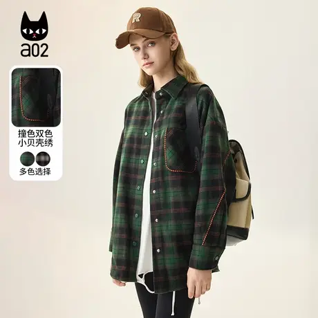 a02【ET自然】秋季慵懒风灰色方格休闲宽松版通勤风毛呢格纹衬衫图片