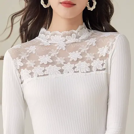 五公主半高领打底衫秋冬新款妈妈气质蕾丝小衫内搭白色洋气上衣薄图片