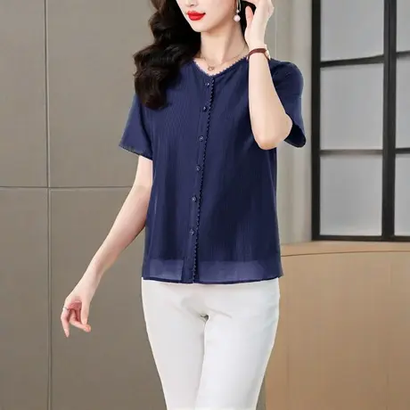 高级别致短袖衬衫女夏季新款微胖法式独特小上衣大码显瘦妈妈小衫图片