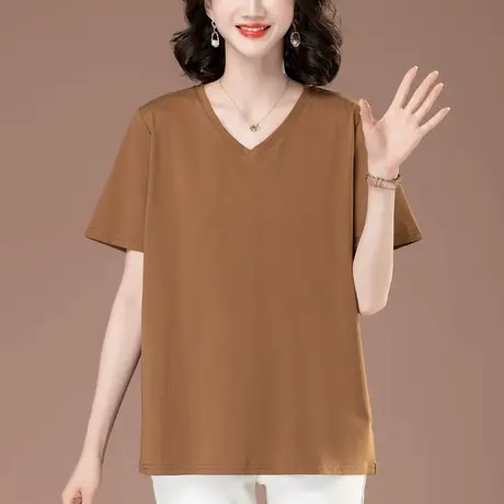中老年妈妈夏季V领短袖T恤宽松加肥加大码女装休闲遮肚显瘦体恤衫图片