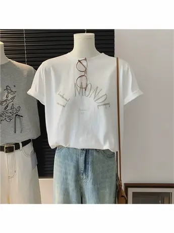 字母印花简约基础款休闲夏季新款薄款棉质短袖正肩百搭T恤衫女潮商品大图