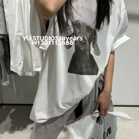 2025夏季新款美式复古狗狗印花大版宽松纯棉短袖t恤女百搭上衣潮图片