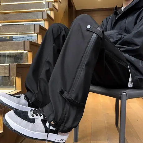 裤子男春秋季新款休闲裤直筒运动裤潮牌伞兵开叉拉链机能工装长裤商品大图