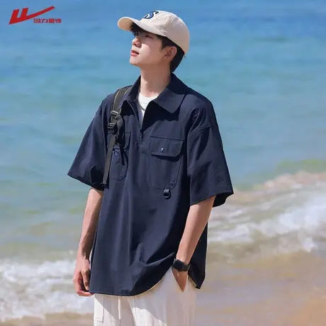 回力半拉链POLO衫男士夏季美式工装翻领半袖上衣宽松休闲短袖t恤商品大图