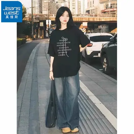 NR真维斯字母印花纯棉短袖t恤女2025夏季新款宽松百搭别致上衣潮商品大图