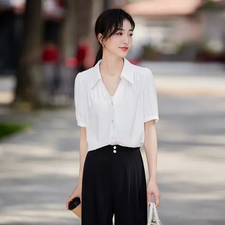娅丽达高级感通勤白色职业短袖衬衫女春夏2025新款大码雪纺衬衣图片
