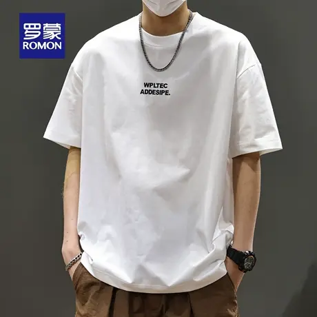 罗蒙美式重磅凉感短袖t恤男生简约日系百搭字母圆领体恤衫夏季N1Z图片