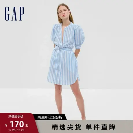 【断码优惠】Gap女装夏季棉麻透气泡泡袖连衣裙条纹衬衫裙594740商品大图