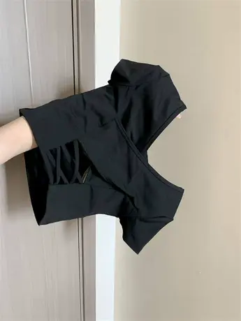 辣妹正肩短袖t恤女夏季2024新款镂空美背短款显瘦上衣设计感小众商品大图