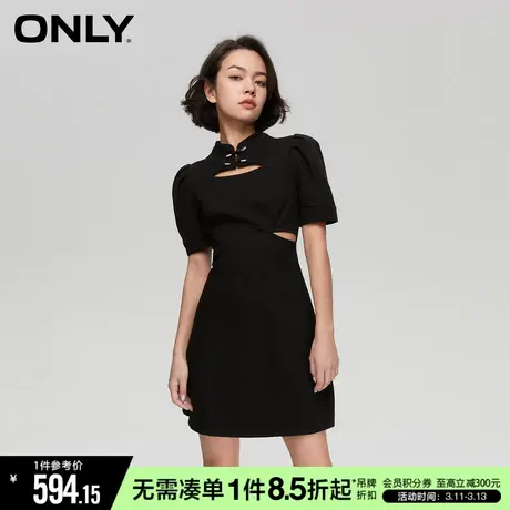 ONLY秋季短裙收腰黑色镂空设计泡泡袖连衣裙女图片