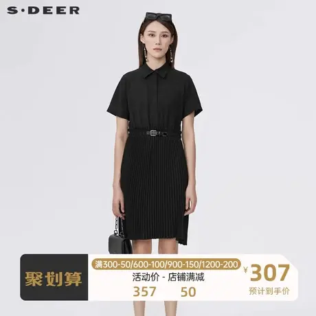 sdeer圣迪奥女装休闲风琴褶拼接短袖衬衫连衣裙S22281209商品大图