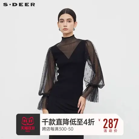 sdeer圣迪奥女装高领镂空波点网纱泡泡袖针织衫S233D3506🕸商品大图