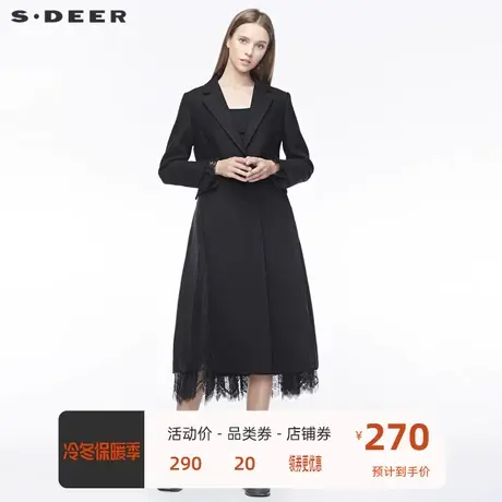 sdeer圣迪奥 🔇休闲平驳领插袋蕾丝拼接纯黑毛呢风衣S19481819商品大图