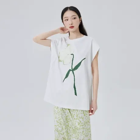 艾莱依宽松飞袖花型T恤女夏季新款时尚简约小众宽松落肩印花上衣图片