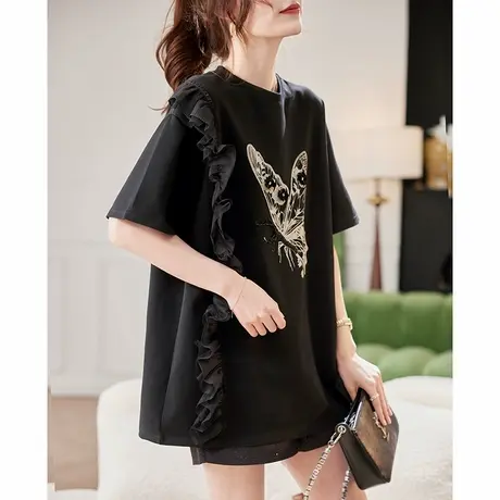 宝诗黎圆领印花钉珠黑色短袖2025夏季宽松百搭休闲棉质T恤上衣女图片