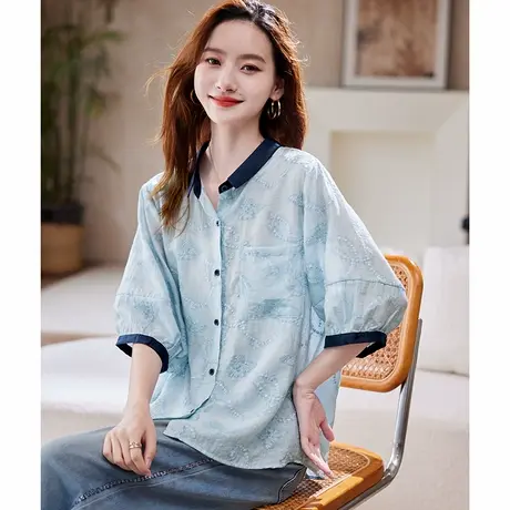 宝诗黎翻领刺绣宽松中袖衬衫2025夏季韩系洋气通勤百搭休闲衬衣女图片